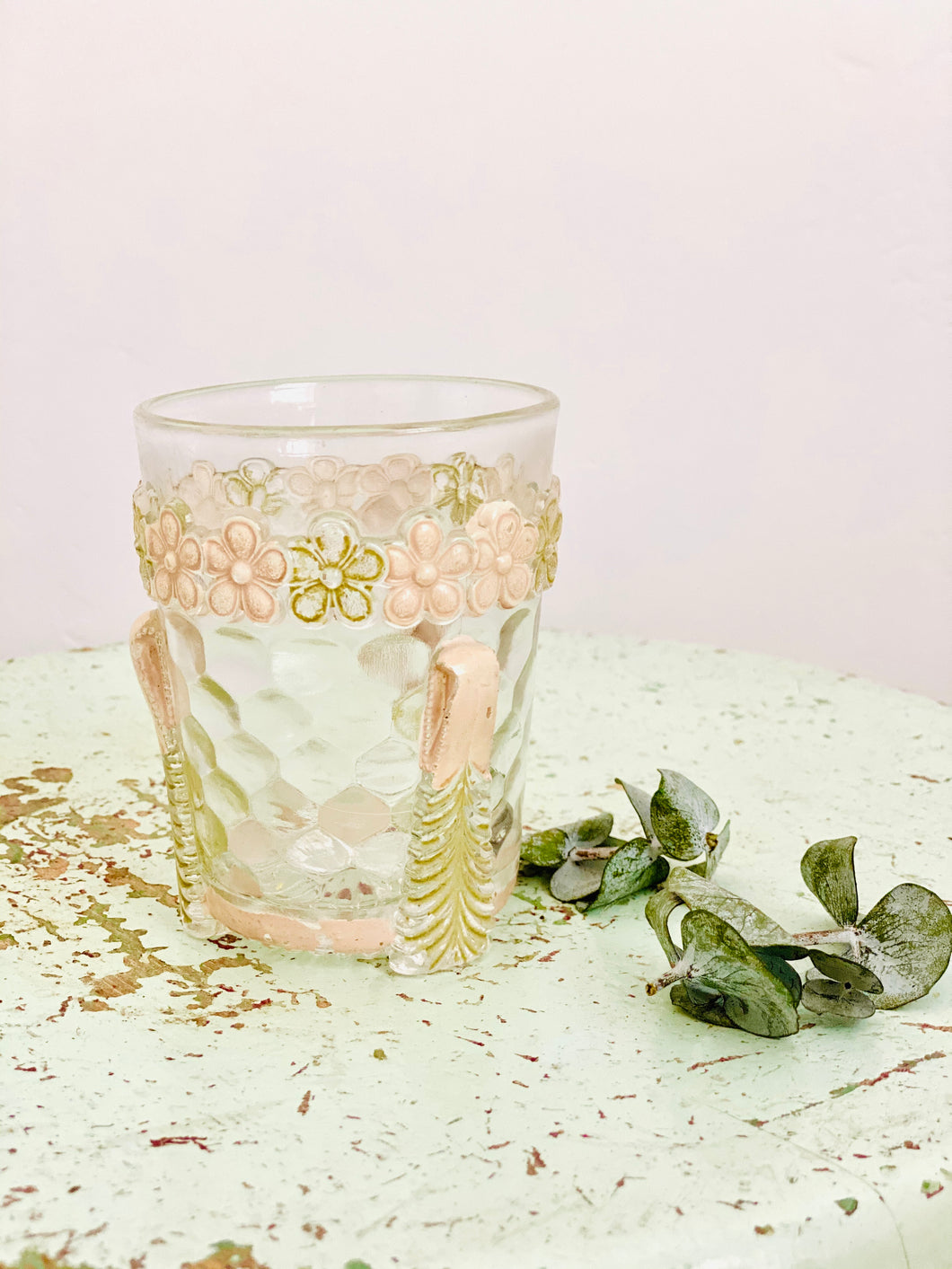 Antique 1900s glassware/ Art nouveau design/ Antique Tumbler/ Pastel Pink Flowers / Etched Glass