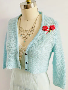 Pastel Blue Cropped Sweater w Embroidered Flowers Vintage Cardigan
