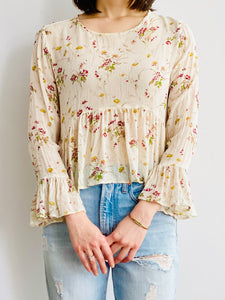 Vintage style floral print silk top with beaded sequins