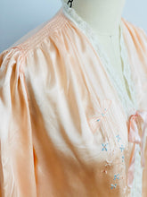 Load image into Gallery viewer, 1920s Peach Color Satin Bed Jacket Embroidered Ribbon Vintage Lingerie
