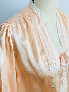 1920s Peach Color Satin Bed Jacket Embroidered Ribbon Vintage Lingerie