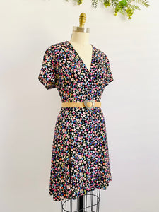 Vintage colorful floral rayon dress w waist ties