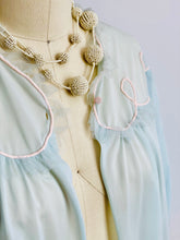 Load image into Gallery viewer, Details of a 1930s Blue Bed Jacket and beaded necklace on mannequin 
