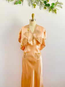 Vintage 1930s Pink Satin Lace Lingerie Dress Set w Ribbon Flowers