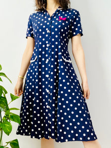 Vintage navy blue polka dots dress with ribbon bow