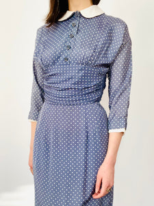 Vintage 1960s Blue Polka Dots Dress w Peter Pan Collar