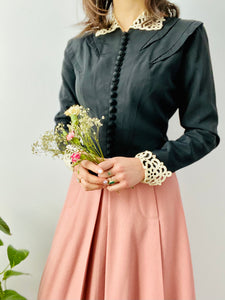 Vintage 1930s black jacket with lace and French buttons
