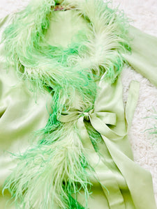Vintage 1920s green satin robe w ostrich feathers