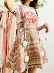 Vintage pink tweed pinafore dress w pom poms