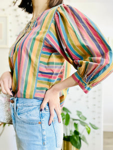 Vintage rainbow stripes blouse w balloon sleeves