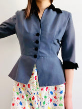 Load image into Gallery viewer, Vintage 1940s blue peplum jacket with black velvet
