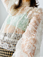 Load image into Gallery viewer, Vintage 1970s Lace Blouse Victorian Style w Balloon Sleeves
