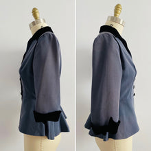 Load image into Gallery viewer, Vintage 1940s blue peplum jacket with black velvet
