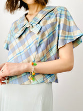 Load image into Gallery viewer, Vintage 1950s pastel blue plaid top w ribbon bow
