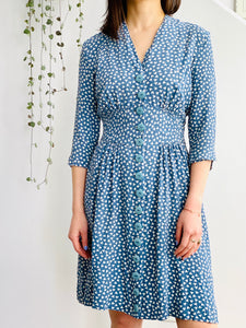 Vintage 1940s blue floral rayon ruched dress