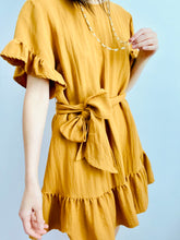 Load image into Gallery viewer, Mustard color ruffled mini dress w ribbon bow
