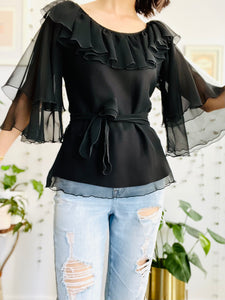 Vintage 1970s black blouse w flared sleeves
