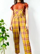 Load image into Gallery viewer, Vintage mustard/rose color plaid cotton overalls
