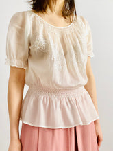Load image into Gallery viewer, Vintage white Hungarian peasant top with embroidery and smocking
