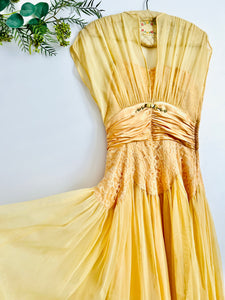Vintage 1940s ruched satin lace dress