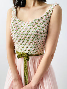 Vintage 1950s pink embroidered dress with velvet ribbon