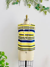 Load image into Gallery viewer, 1960s yellow and blue striped top with side square buttons on mannequin
