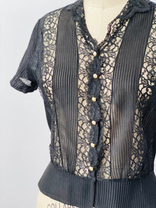 Vintage 1940s black lace top with fine pleates