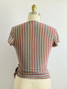 Vintage 1970s Rainbow striped V Neck Top with Side Waist Bow