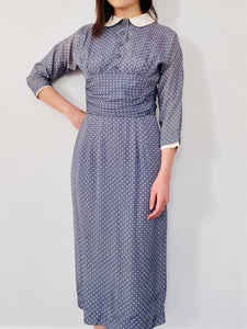 Vintage 1960s Blue Polka Dots Dress w Peter Pan Collar