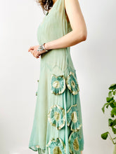 Load image into Gallery viewer, Vintage 1920s green silk dress with ruched velvet flowers
