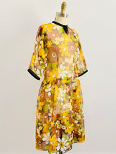 Load image into Gallery viewer, 1950s Semi Sheer Yellow Daisy Print Dress Ribbon Neckline

