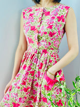 Load image into Gallery viewer, 1950s Ribbon Bow Floral Dress with Single Side Pocket Pink Buttons
