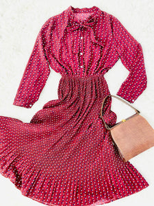 Vintage burgundy color novelty print rayon dress w ribbon ties