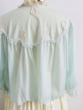 Load image into Gallery viewer, Details of a 1930s Blue Bed Jacket with ruffles
