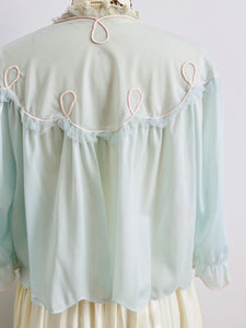 Details of a 1930s Blue Bed Jacket with ruffles