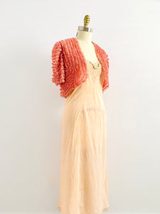 Vintage 1930s peach lingerie slip with ribbonwork flowers