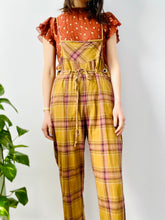 Load image into Gallery viewer, Vintage mustard/rose color plaid cotton overalls
