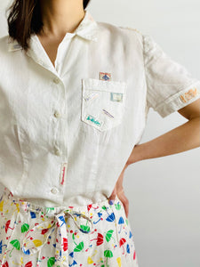 Vintage 1940s white cotton top with embroidered vintage labels