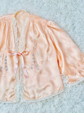 Load image into Gallery viewer, 1920s Peach Color Satin Bed Jacket Embroidered Ribbon Vintage Lingerie
