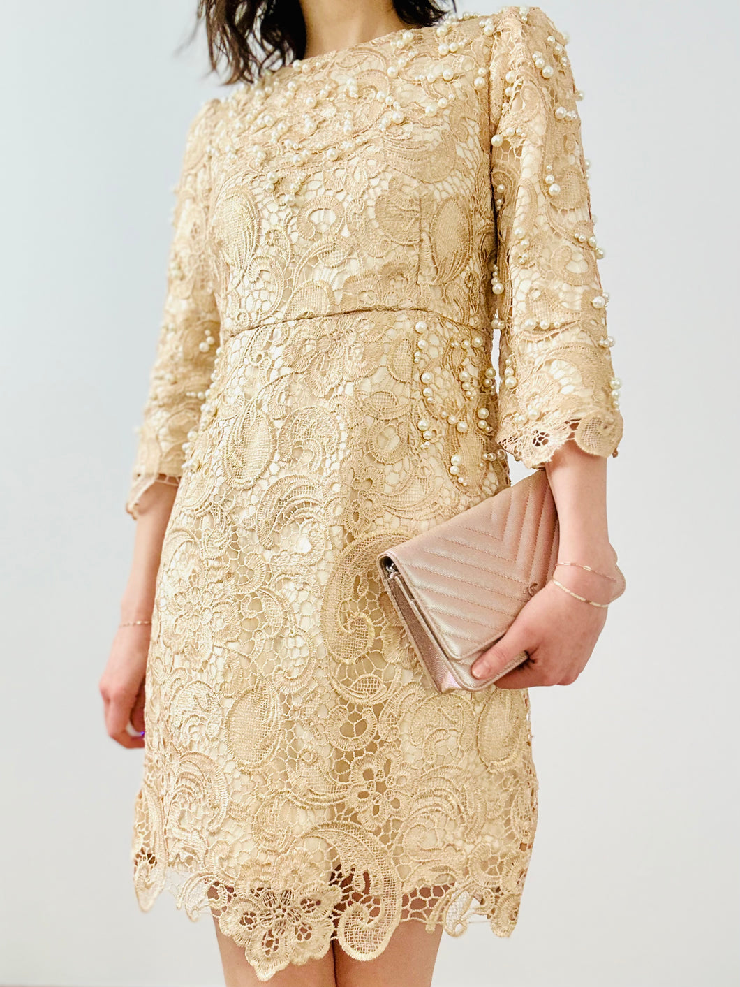 Vintage pearls embellished lace dress