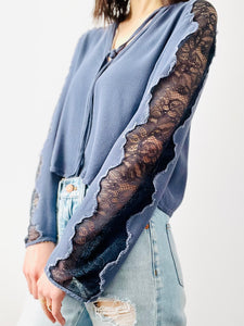 Blue rayon top with lace sleeves