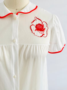 Vintage 1960s Lingerie Dress w Red Embroidered Flowers Peter Pan Collar