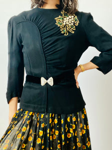 Vintage 1940s black beaded rayon blouse