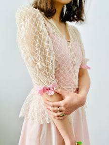 Vintage 1930s tulle lace mesh top w pink ribbon bows