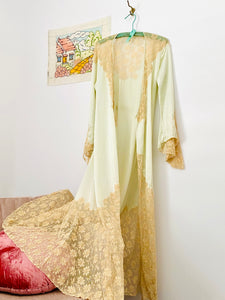 Vintage 1930s pastel mint green satin lace dressing gown