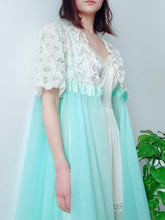 Load image into Gallery viewer, Vintage 1960s Radcliffe Pastel Blue Lace Dressing Gown Bell Sleeves
