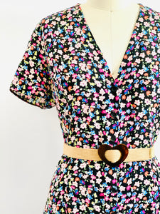 Vintage colorful floral rayon dress w waist ties