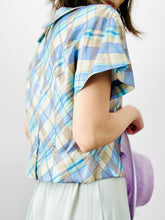 Load image into Gallery viewer, Vintage 1950s pastel blue plaid top w ribbon bow

