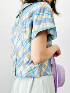Vintage 1950s pastel blue plaid top w ribbon bow