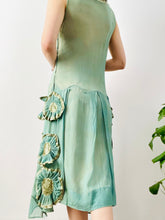 Load image into Gallery viewer, Vintage 1920s green silk dress with ruched velvet flowers
